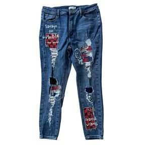 Rue21 Blue Distressed Jeans with Red and White Accents - Junior 16